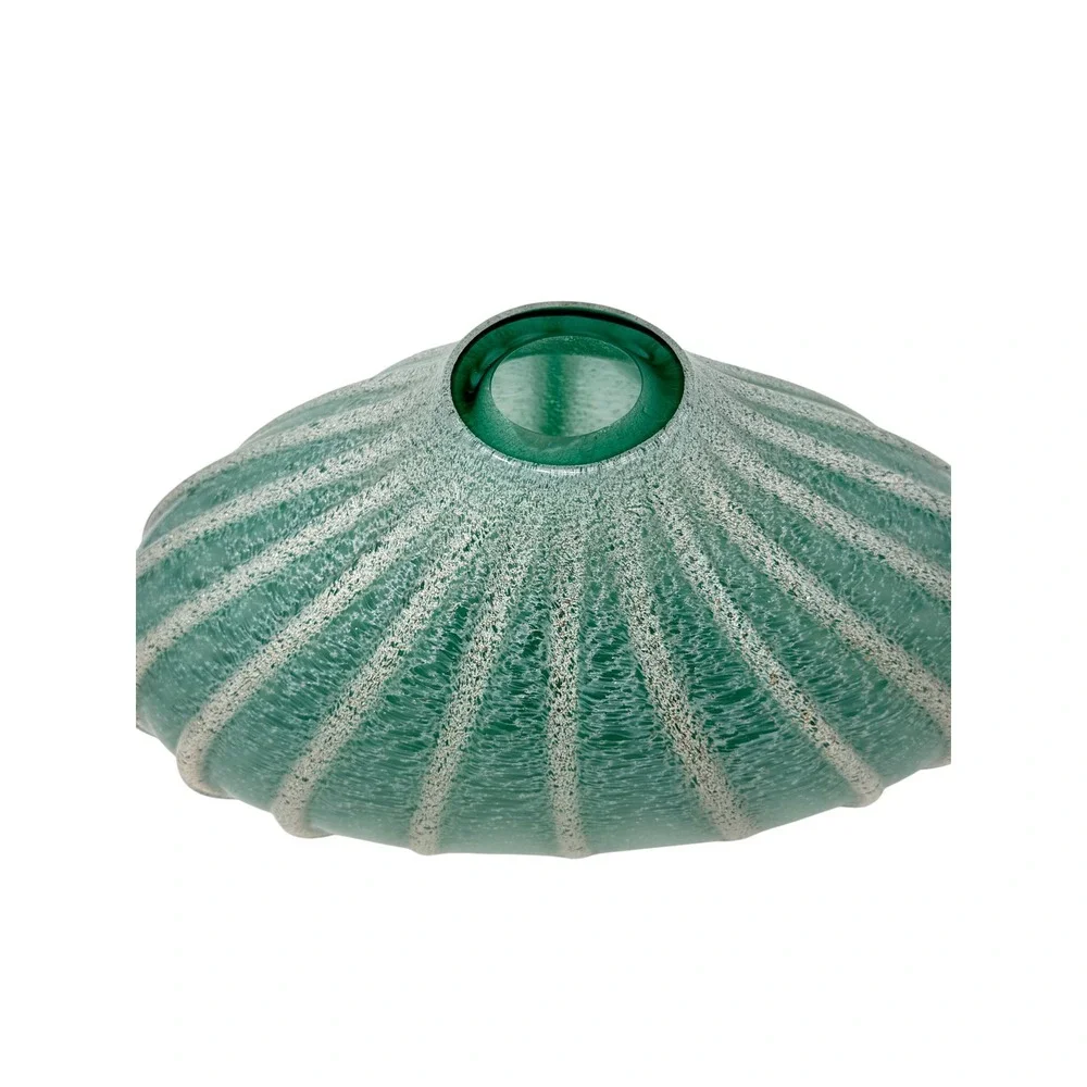 Art Glass Ribbed Urchin Vase 17x11 Teal Green Gold Fleck Coastal MCM Decor